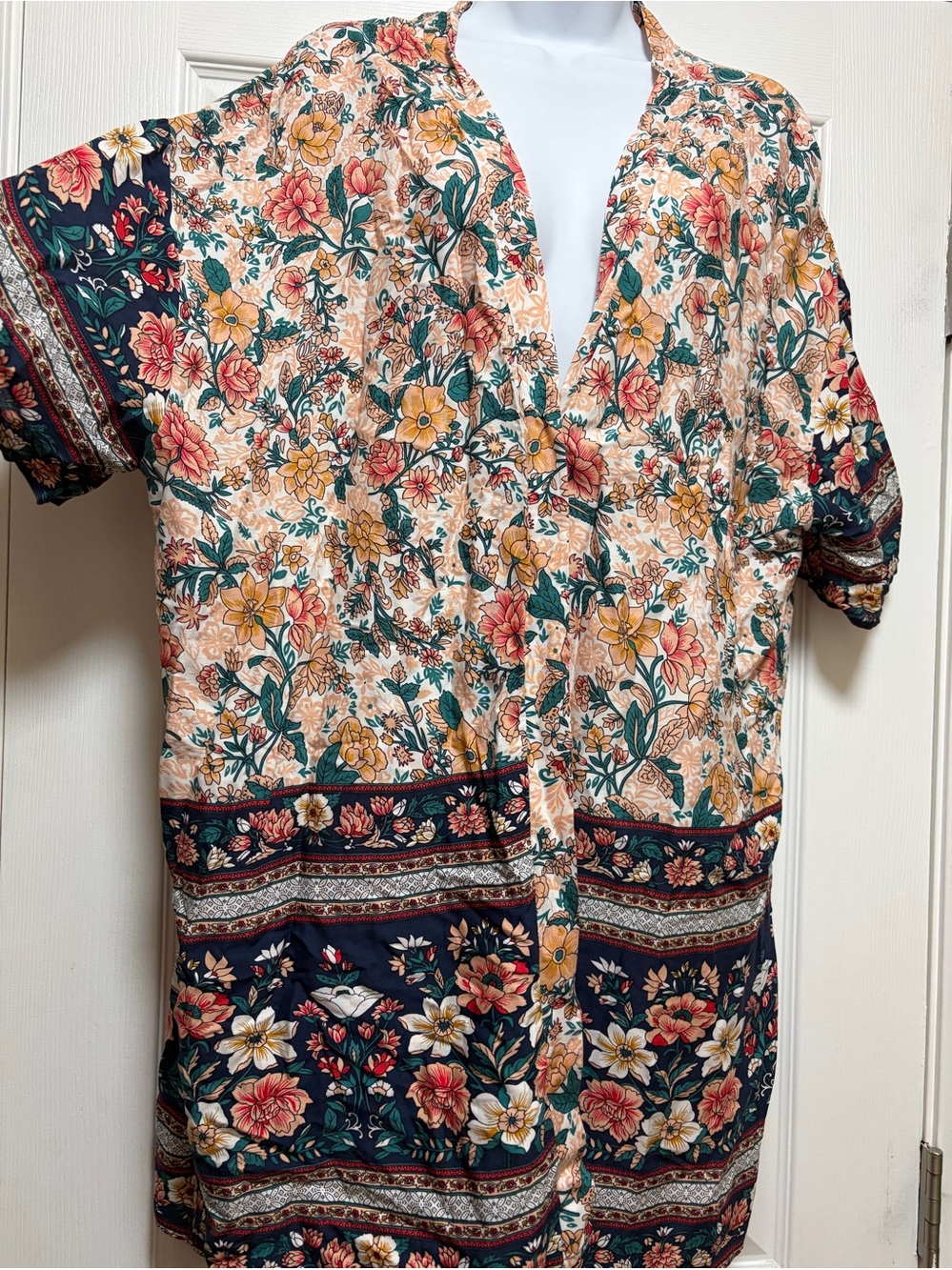 Floral Open Kimono Peach, Green & Navy